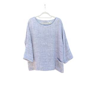 Eileen Fisher Top Size M Linen Blend Boxy Gray 3/4 Sleeve Button Back Pockets